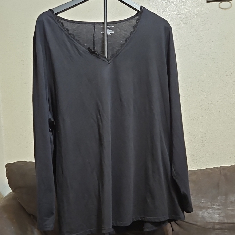 Women’s Black V-Neck Long Sleeve Tee with Lace Trim
